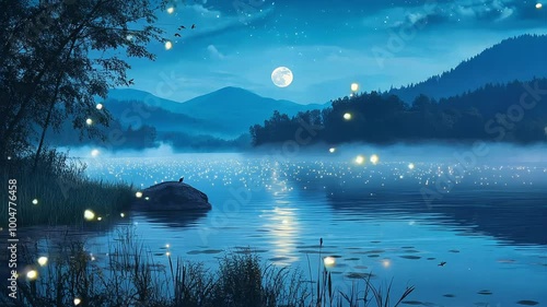 Seamless Looping Moonlit Lake with Fireflies Background Video