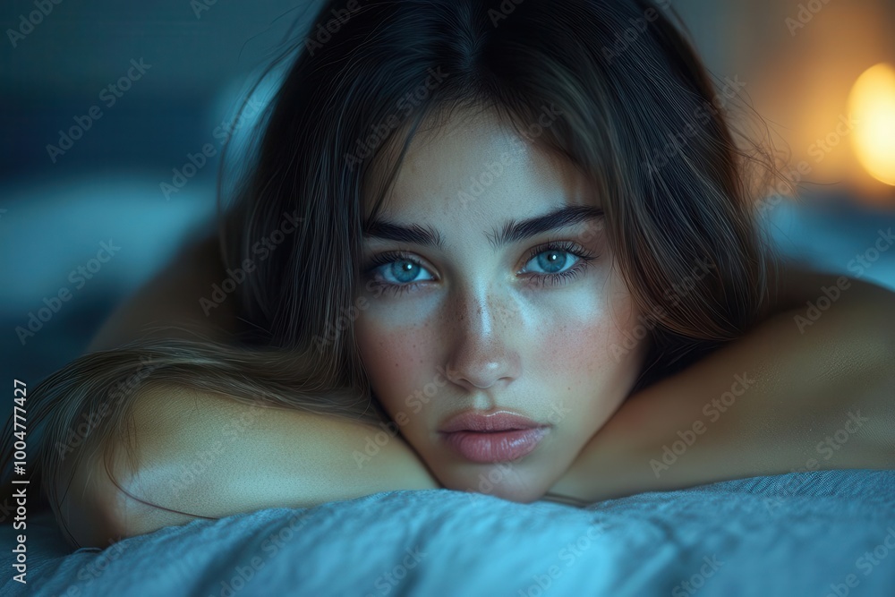 closeup of a sad woman lying on a bed capturing the raw emotion of despair and vulnerability with soft lighting highlighting her features and creating an intimate atmosphere closeup of a sad woman lying on a bed capturing the raw emotion of despair and vulnerability with soft lighting highlighting her features and creating an intimate atmosphere