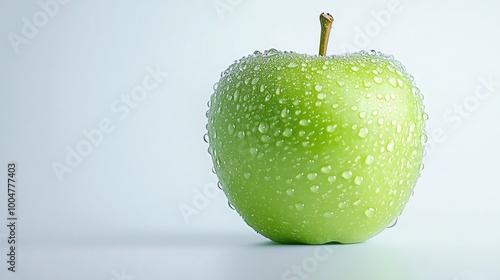 A green apple with water droplets on its skin.