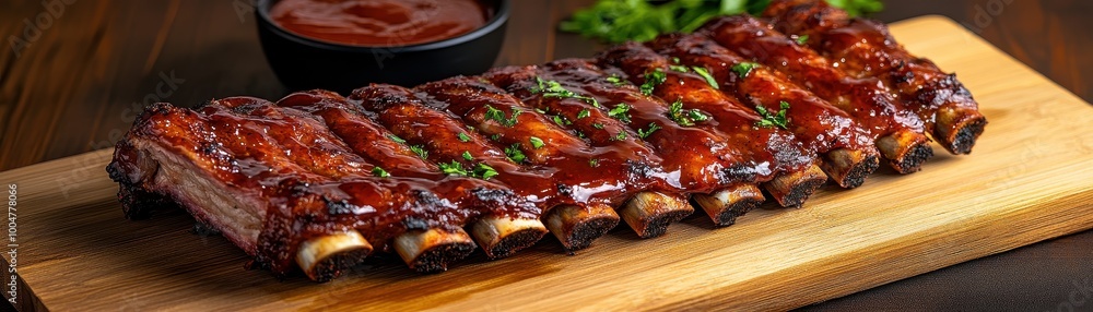 Succulent glazed ribs on a wooden board, garnished with parsley, served with a side of barbecue sauce, Ideal for culinary presentations, menu designs, or food advertising, Succulent glazed ribs on a wooden board, garnished with parsley, served with a side of barbecue sauce, Ideal for culinary presentations, menu designs, or food advertising,