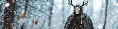 Shaman in deer animal skull in red cloak in snowy forest. Mystical occult ritual. Pagan Christmas, Winter solstice, New Year celebration. Scandinavian culture. Yule tradition. Banner with copy space