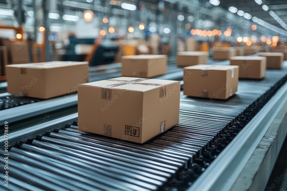 closeup of numerous cardboard boxes moving along a conveyor belt showcasing the efficiency of ecommerce and automation in a busy warehouse environment closeup of numerous cardboard boxes moving along a conveyor belt showcasing the efficiency of ecommerce and automation in a busy warehouse environment