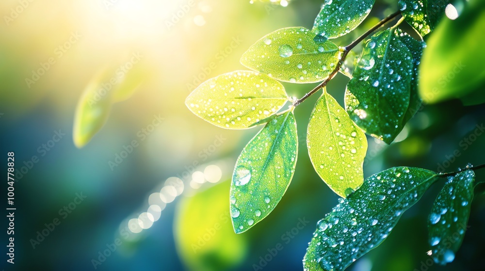 Close-up of dew drops on green leaves in sunlight. Close-up of dew drops on green leaves in sunlight.