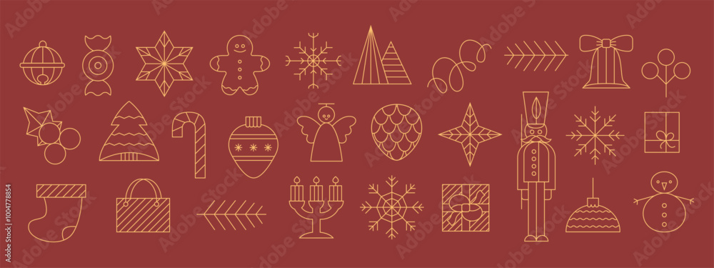 Merry Christmas and New Year, holiday elements icons. Winter holiday simple elements. Abstract modern vector snowflak, gift box, berry, ball, star, bell Merry Christmas and New Year, holiday elements icons. Winter holiday simple elements. Abstract modern vector snowflak, gift box, berry, ball, star, bell