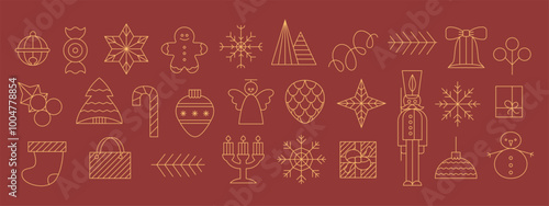 Merry Christmas and New Year, holiday elements icons. Winter holiday simple elements. Abstract modern vector snowflak, gift box, berry, ball, star, bell