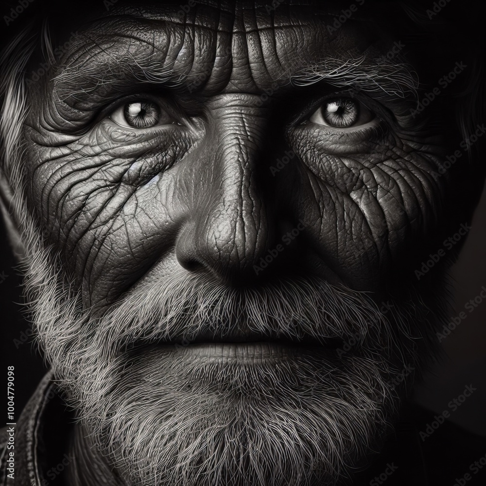 A striking black and white close-up portrait of an elderly man with deep wrinkles and an intense gaze. This powerful image captures the raw emotion and character of the subject, perfect for themes of A striking black and white close-up portrait of an elderly man with deep wrinkles and an intense gaze. This powerful image captures the raw emotion and character of the subject, perfect for themes of