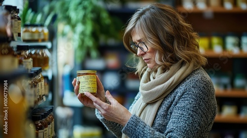 A middle-aged White woman in her late 40s with shoulder-length wavy hair wearing a light scarf and glasses reading the label on a jar of organic honey at store