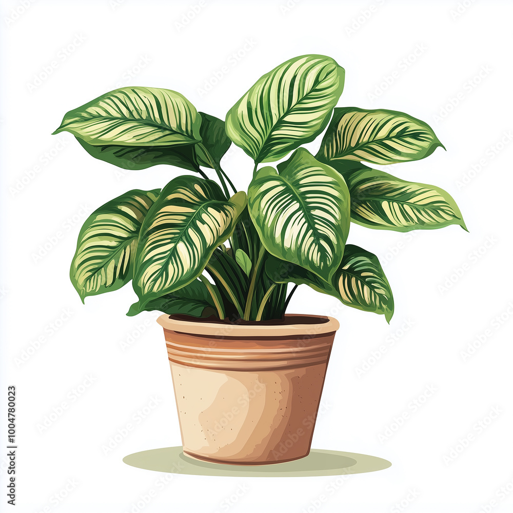 Calathea plant with striped leaves in a clay pot illustration Calathea plant with striped leaves in a clay pot illustration