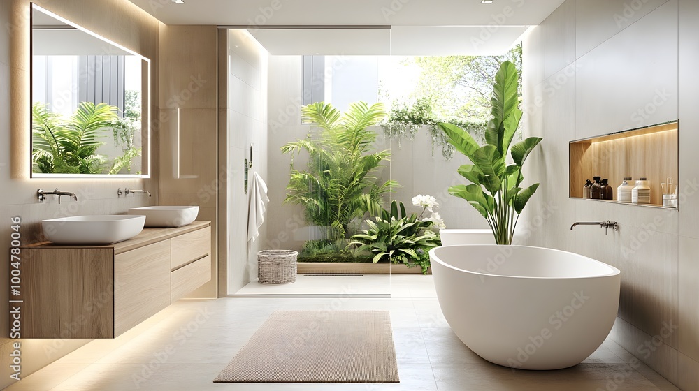 bathroom with natural light complemented by recessed spotlights that create a balanced, bright environment. bathroom with natural light complemented by recessed spotlights that create a balanced, bright environment.