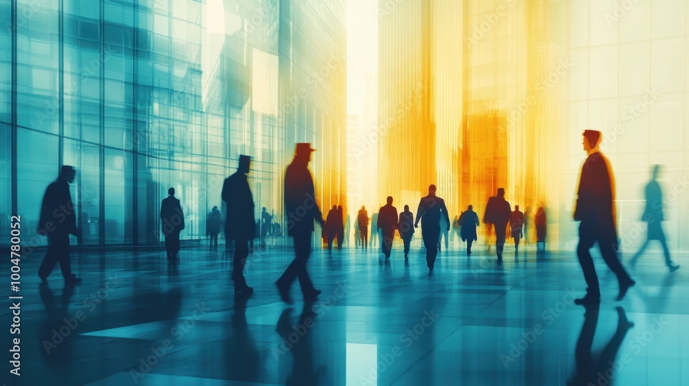 An abstract background featuring silhouettes of workers walking in front of modern buildings, urban life
