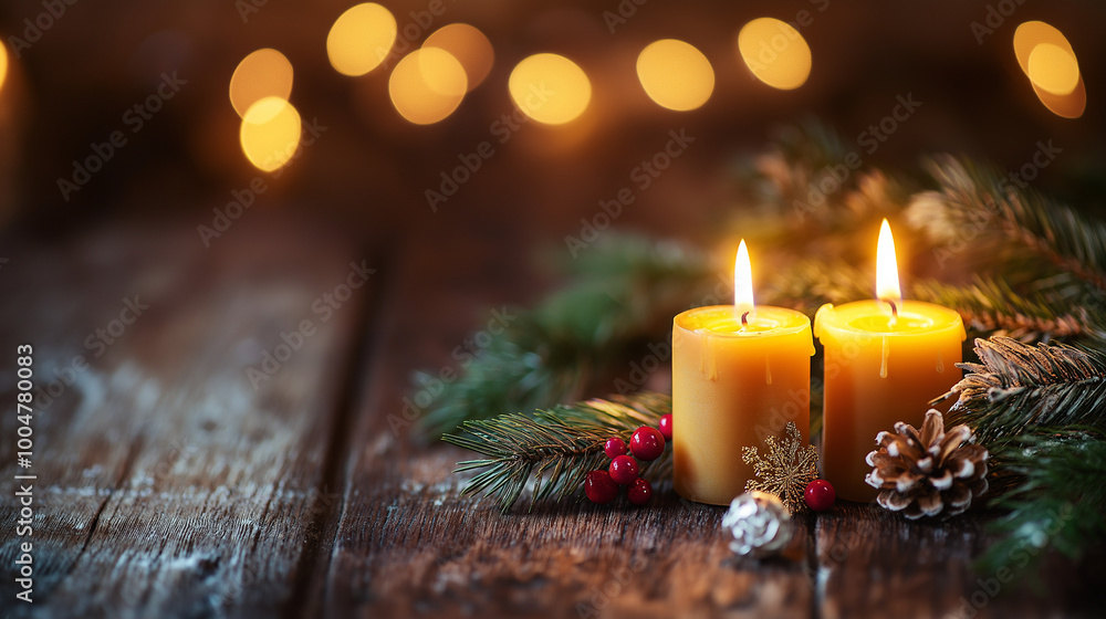 Warm Christmas Candles Glowing with Festive Decorations on Rustic Wooden Background
Warm Christmas Candles Glowing with Festive Decorations on Rustic Wooden Background