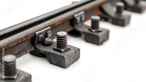 Zoomed-in view of train track ties and bolts, isolated on white background.