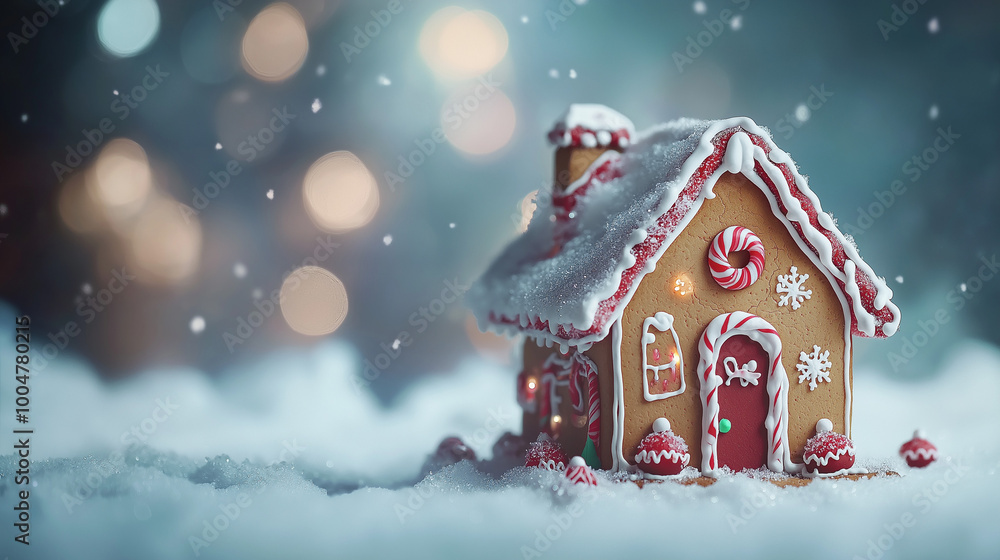 Naklejka premium Festive Christmas gingerbread house with sweet holiday wishes against snowy bokeh background.