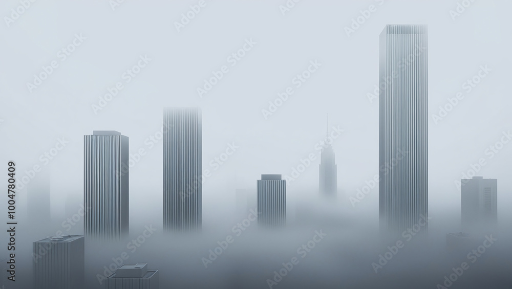 Naklejka premium Paisaje Urbano con Niebla: Siluetas de Rascacielos y Arquitectura Moderna Minimalista