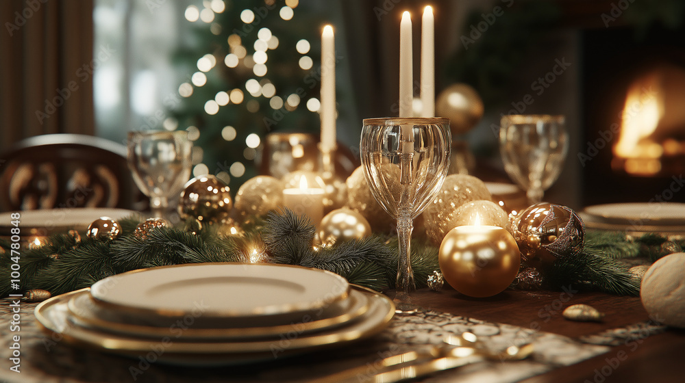 Table setting with festive decorations and gold accents for a luxurious holiday celebration.
Table setting with festive decorations and gold accents for a luxurious holiday celebration.