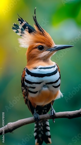 Beautiful hoopoe bird showcasing its bright plumage while resting on a branch