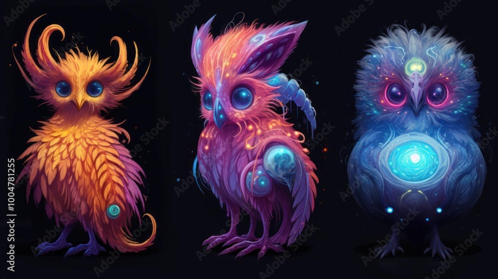 Colorful Cosmic Creatures on Black Background. Alien Beings. Fantasy Concept Art Colorful Cosmic Creatures on Black Background. Alien Beings. Fantasy Concept Art