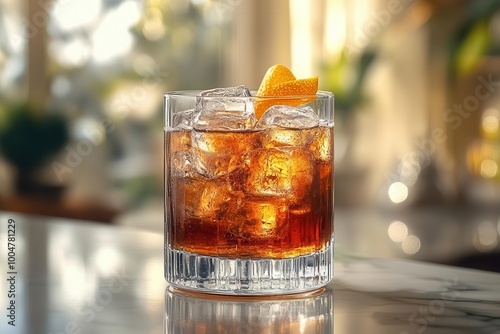 cocktail glass filled with a jack and coke glistening ice cubes set against a polished sleek silver countertop with soft lighting highlighting the drinks richness