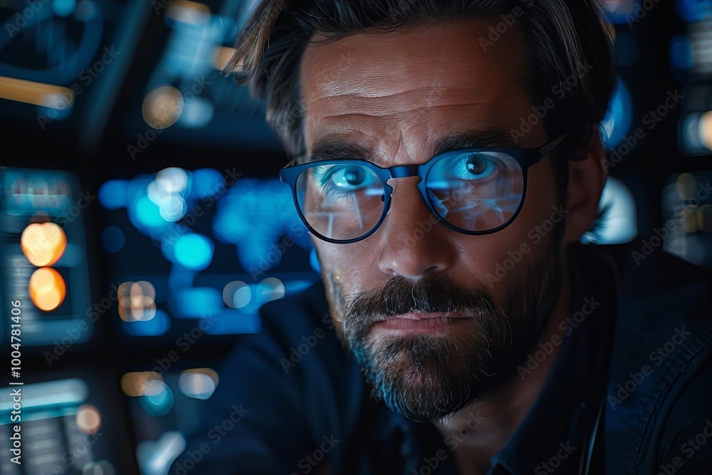 Stylish individuals in glasses and a refined beard utilizing AI technology to oversee medical coding bills and billing codes on holographic screens Stylish individuals in glasses and a refined beard utilizing AI technology to oversee medical coding bills and billing codes on holographic screens
