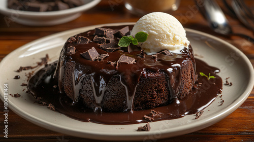 A decadent chocolate lava cake with a molten chocolate center served with vanilla ice cream.