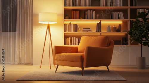 Cozy orange armchair beside a standing lamp in a warm living room with shelves filled with books at night