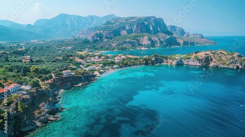 Aerial View of Greek Island in Cyclades, Rugged Coastline, Whitewashed Buildings, Deep Blue Aegean Sea, Serene Bay, Mediterranean Beauty, Summer Sky, Panoramic Landscape, Adventure & Exploration