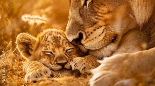 A cute baby lion cub resting its head on its motherpaw in the golden African plains, the mother lion watching protectively over her playful cub. photo