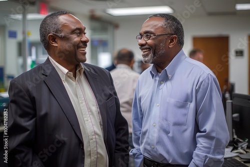 Professional businessman wearing eyeglasses shares a laugh with colleague in office setting