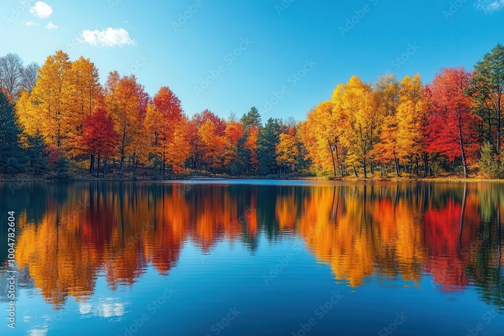 colorful autumn foliage reflecting on a calm lake surrounded by trees under a clear blue sky creating a picturesque and peaceful landscape filled with warm hues colorful autumn foliage reflecting on a calm lake surrounded by trees under a clear blue sky creating a picturesque and peaceful landscape filled with warm hues