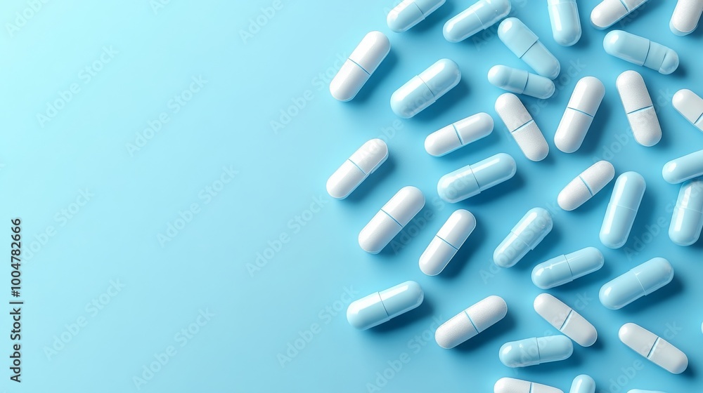 Close-up view of numerous antibiotic pills arranged in an orderly pattern on a plain background, showcasing a variety of shapes, sizes, and colors, emphasizing medical treatment, healthcare, and pharm Close-up view of numerous antibiotic pills arranged in an orderly pattern on a plain background, showcasing a variety of shapes, sizes, and colors, emphasizing medical treatment, healthcare, and pharm