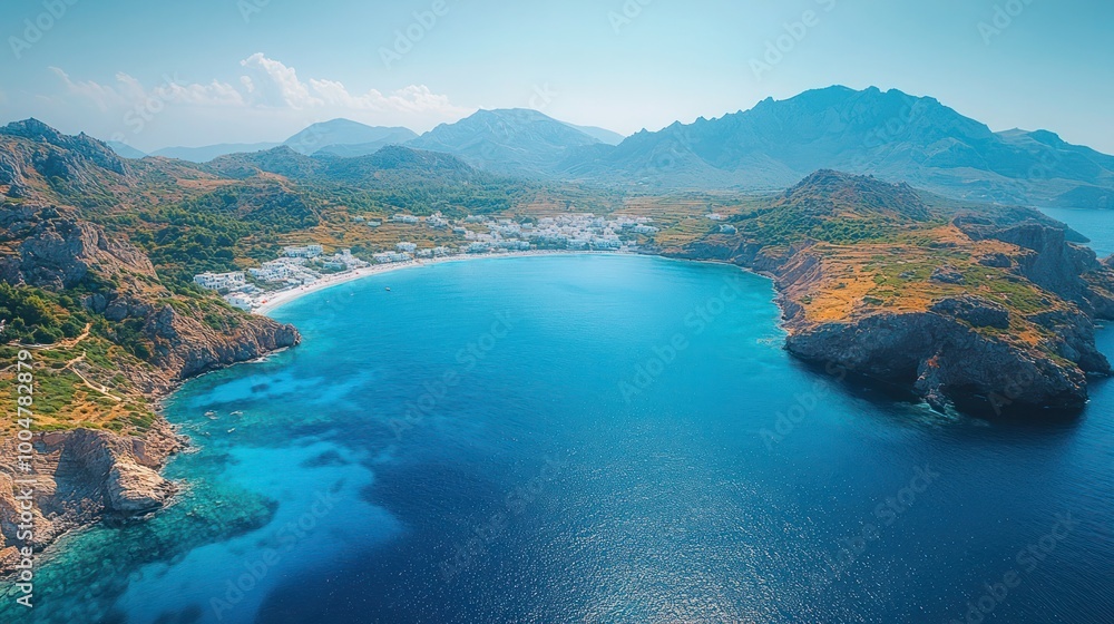 Aerial View of Greek Island in Cyclades, Rugged Coastline, Whitewashed Buildings, Deep Blue Aegean Sea, Serene Bay, Mediterranean Beauty, Summer Sky, Panoramic Landscape, Adventure & Exploration Aerial View of Greek Island in Cyclades, Rugged Coastline, Whitewashed Buildings, Deep Blue Aegean Sea, Serene Bay, Mediterranean Beauty, Summer Sky, Panoramic Landscape, Adventure & Exploration