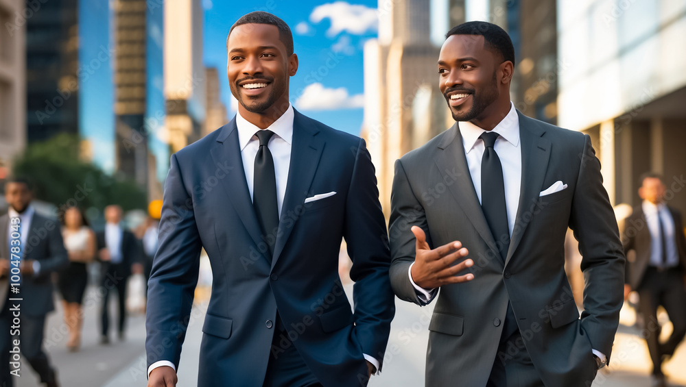 two successful smiling business man african american on the street walking two successful smiling business man african american on the street walking