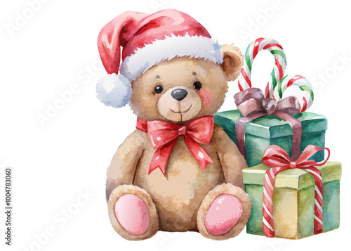 Photo of a cute teddy bear sitting next to Christmas presents, perfect for holiday-themed designs and decorations