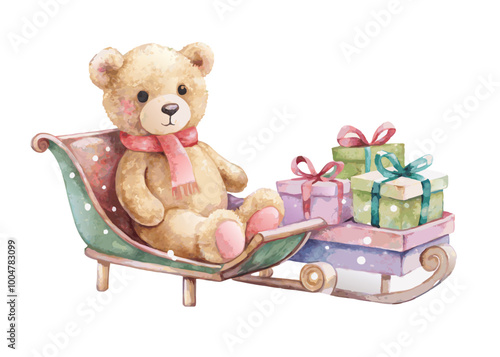 Photo of a cute teddy bear sitting next to Christmas presents, perfect for holiday-themed designs and decorations