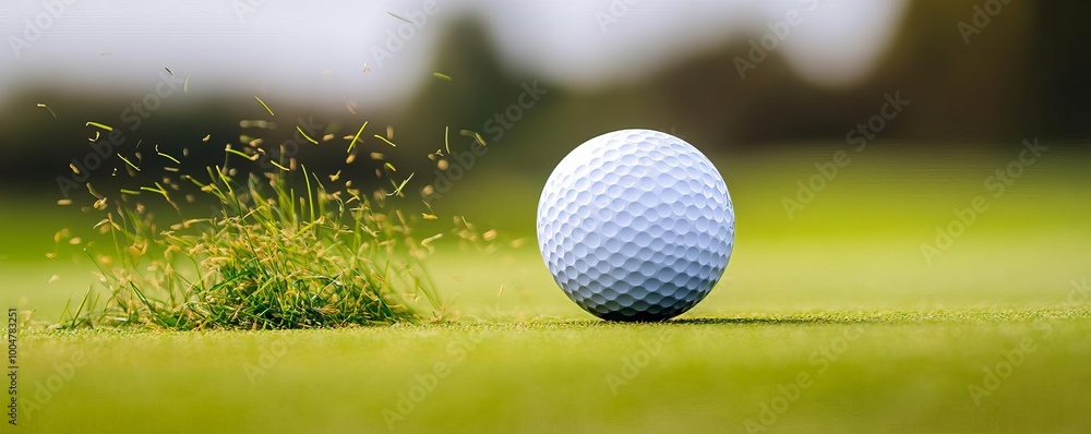 A golf ball mid-air after impact, grass flying, showcasing the moment of precision and power A golf ball mid-air after impact, grass flying, showcasing the moment of precision and power