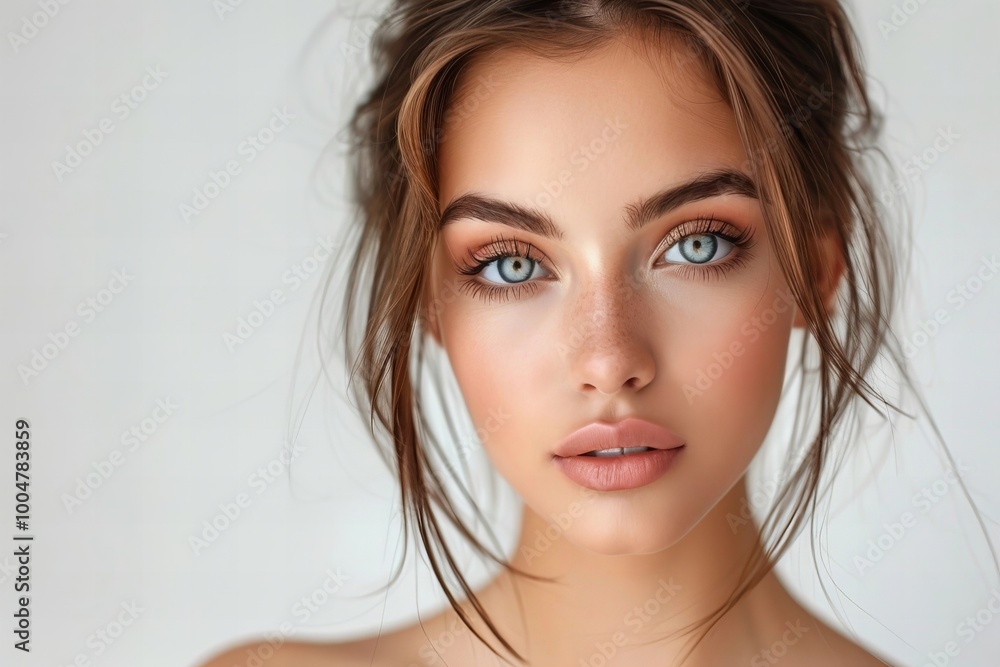 Radiant Beauty: Woman with Flawless Skin Against a White Background Radiant Beauty: Woman with Flawless Skin Against a White Background