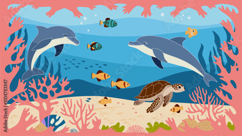 Underwater scene framed by playful dolphins, sea turtles, and fish.