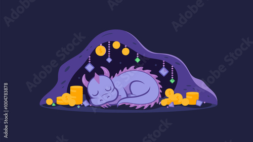 Sleeping cartoon dragon in its cozy cave, surrounded by treasure.