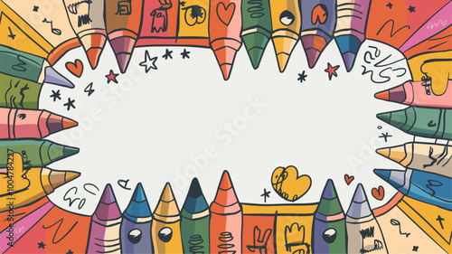 Close-up of colorful crayon doodle frame with playful patterns.