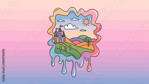 Melting doodle frame with colors blending into fantastical landscape.