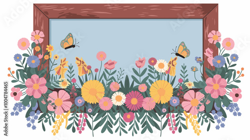 Picture frame overflowing with colorful flowers and butterflies.