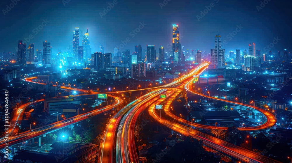 Aerial View of Bangkok at Night: Illuminated Expressway, Modern Infrastructure, and Dynamic Urban Landscape with Cars, Long Exposure Lights, and Siamese Architectural Influences Aerial View of Bangkok at Night: Illuminated Expressway, Modern Infrastructure, and Dynamic Urban Landscape with Cars, Long Exposure Lights, and Siamese Architectural Influences