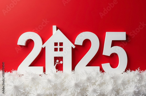 White numbers “2025” on a red Christmas background. Instead of “0” a house with windows and a chimney. Generated AI photo