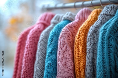 colorful row of sweaters hanging on a rack showcasing cheerful hues of blue pink and gray creating a bright and lively atmosphere that embodies joy and style in fashion