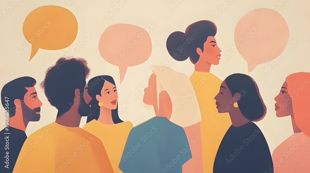 A group of people standing around each other, with speech bubbles floating above their heads and filled in different colors A group of people standing around each other, with speech bubbles floating above their heads and filled in different colors