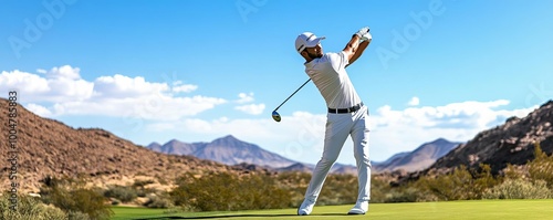 Golfer perfecting swings in a desert landscape, blending contrast and precision photo