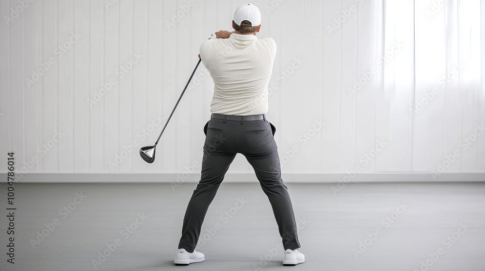 Obraz premium Golfer performing a slow, deliberate swing, emphasizing form, captured in a minimalist indoor training room