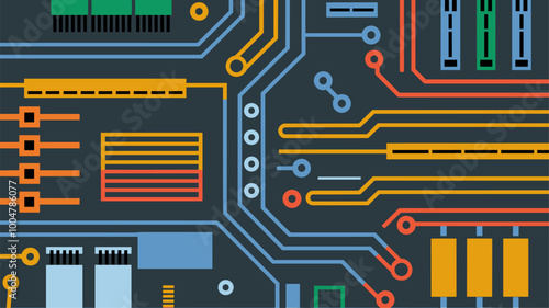 Stylized illustration of circuit board pattern in bold lines and colors.