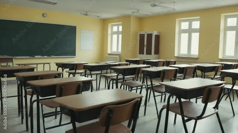Empty classroom with chalkboard and rows of desks with chairs. Break at school. 4k video footage. Classroom Empty classroom with chalkboard and rows of desks with chairs. Break at school. 4k video footage. Classroom