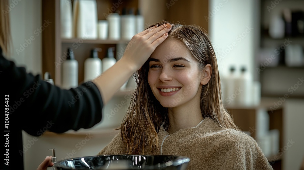Naklejka premium Smiling young woman getting her hair treated at a salon, wrapped in a towel, evoking a sense of relaxation, care, and beauty. Concept of self-care, wellness, and personal grooming. 